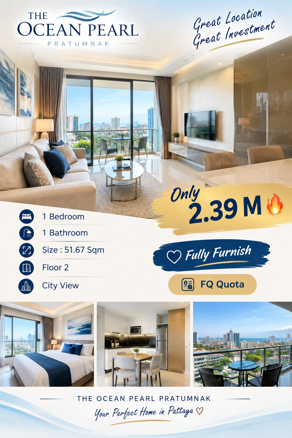 EP0977 | THE OCEAN PEARL PRATUMNAK Beautiful 1-Bedroom Condo in Pratumnak